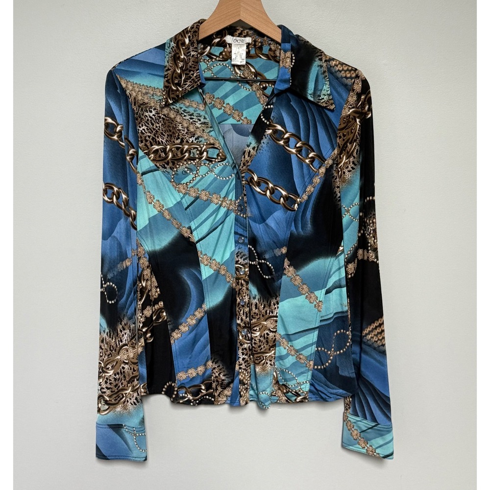 Cache Vintage Y2K Scarf Print Button Up Shirt Blue Teal Gold Chain Leopard L